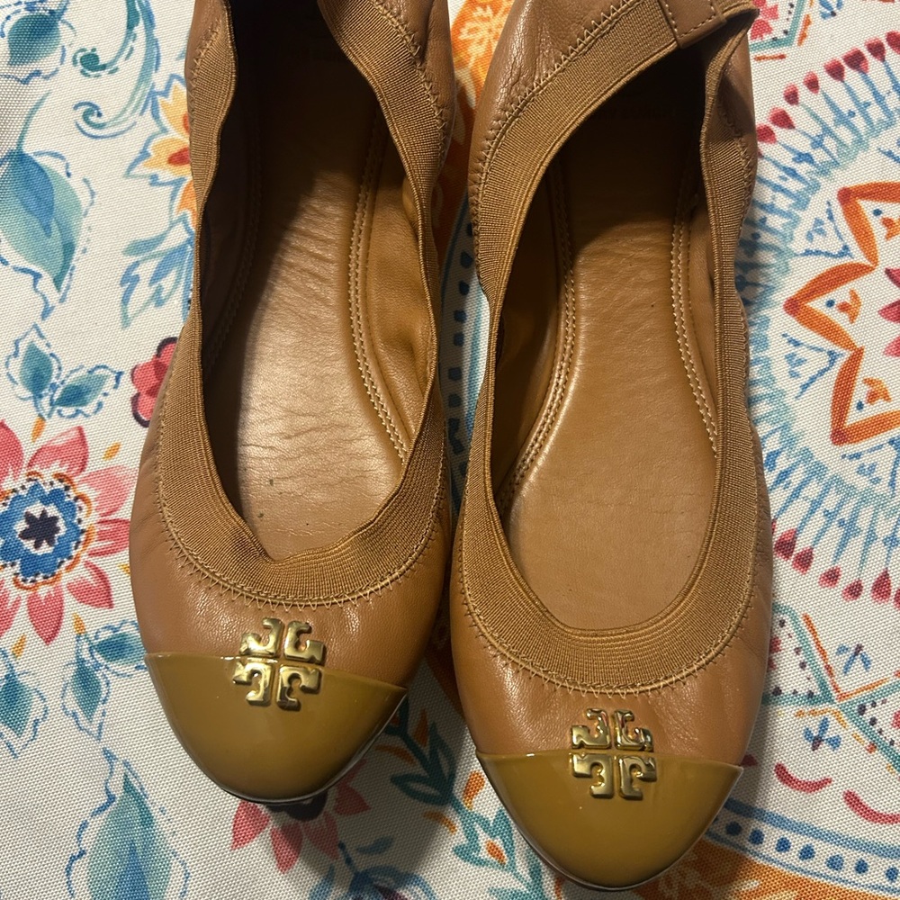 Tory Burch Brown Leather Flats with Gold Accents